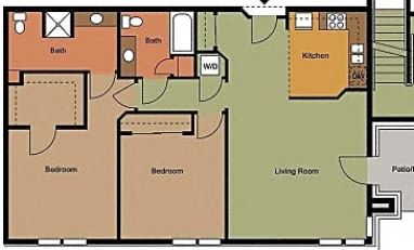 Floor plan for 2 beds, 2 baths, 1134 sqft